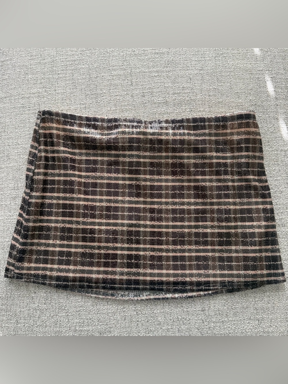 Brand New Motel Sequin Brown/Green Plaid Mini Skirt Elastic Waistband Size XS